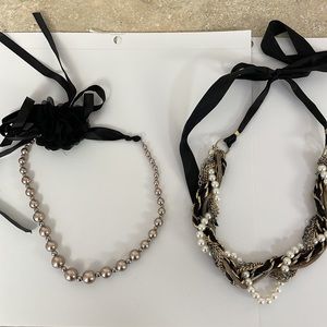 LOT OF 2 - Vintage Ribbon Tie Beaded and Beaded/Chain Necklaces